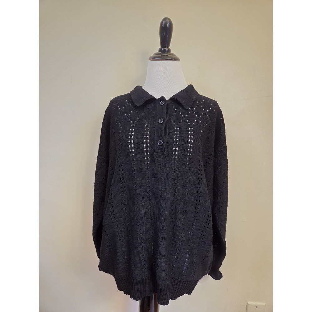 Vtg Peruvian Connection Open Knit Pima Cotton Black Women's Sweater XL
